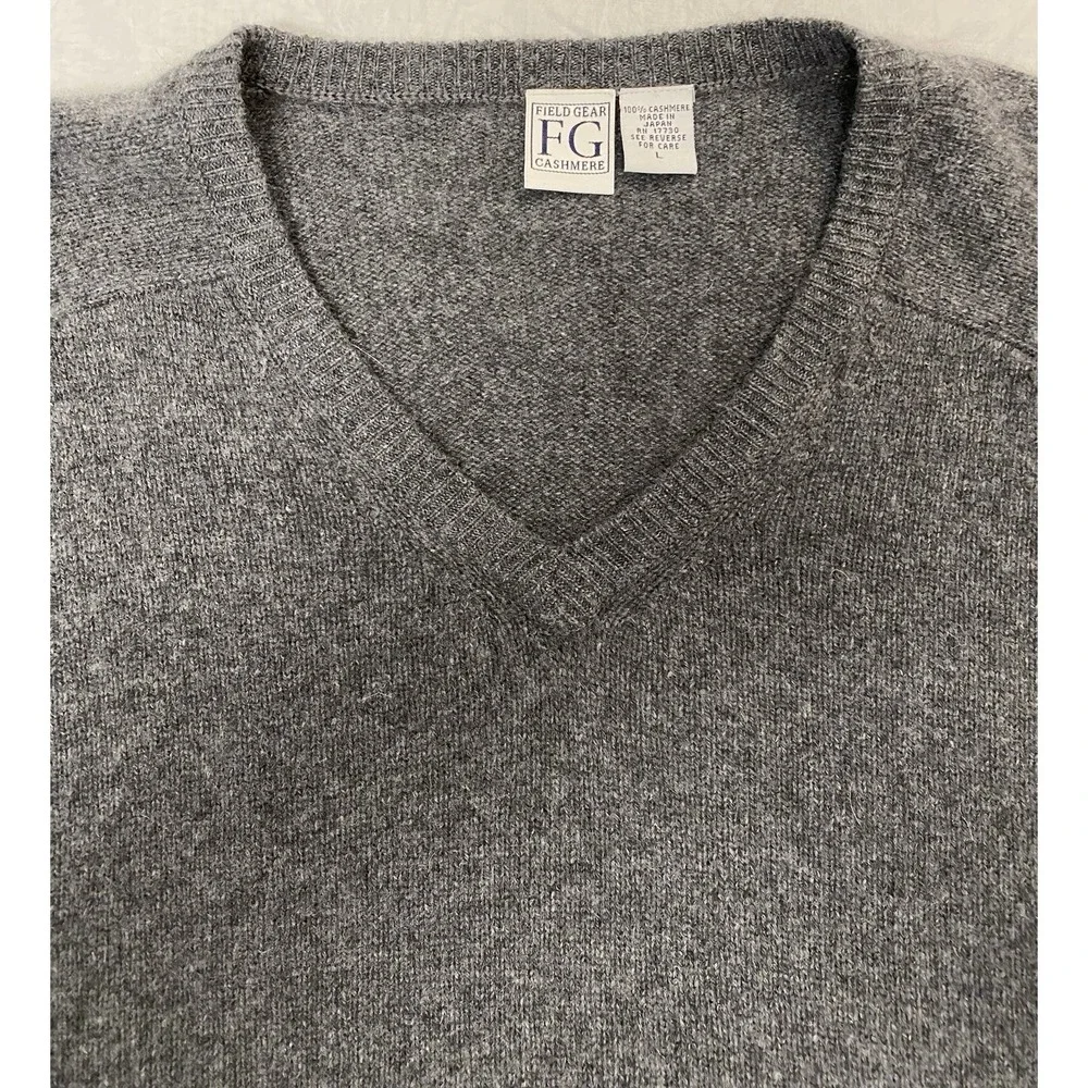 Men's 100% Cashmere Gray V-Neck Sweater Made in Japan L Field Gear